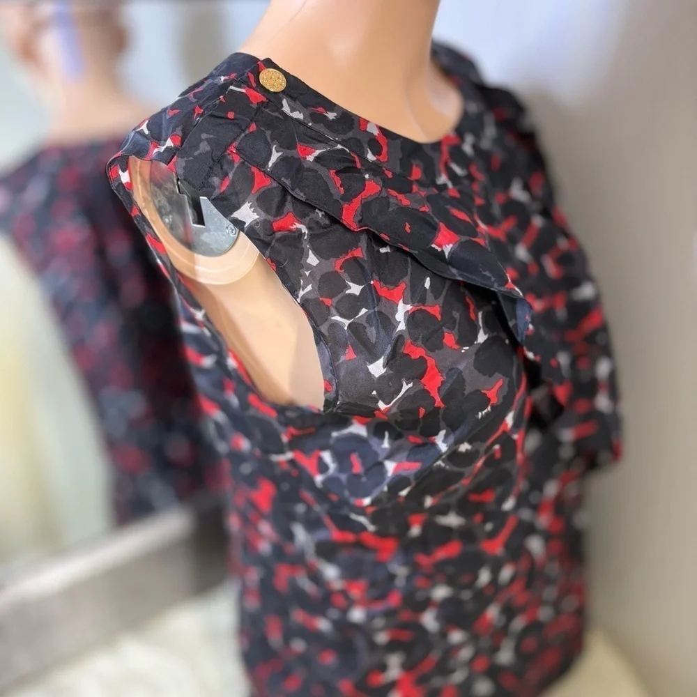 Michael Kors Black and Red Ruffled Cap Sleeve Blouse